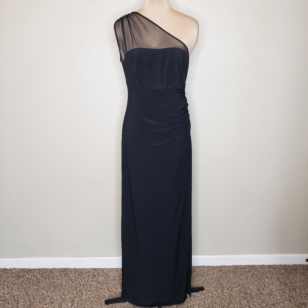 Ralph Lauren 14 Evening Formal Maxi Dress One Shoulder Black Side Slit Ruched